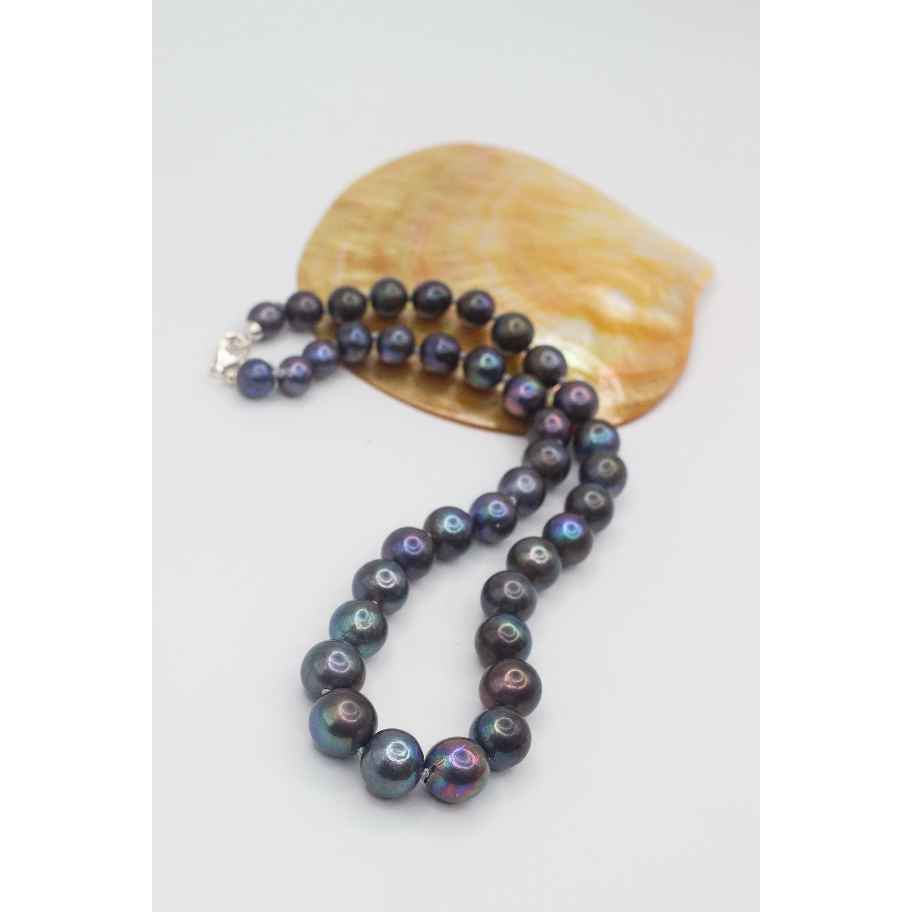 Black Freshwater Pearl Necklace 9-12mm Graduated Sterling Silver Hand Knotted